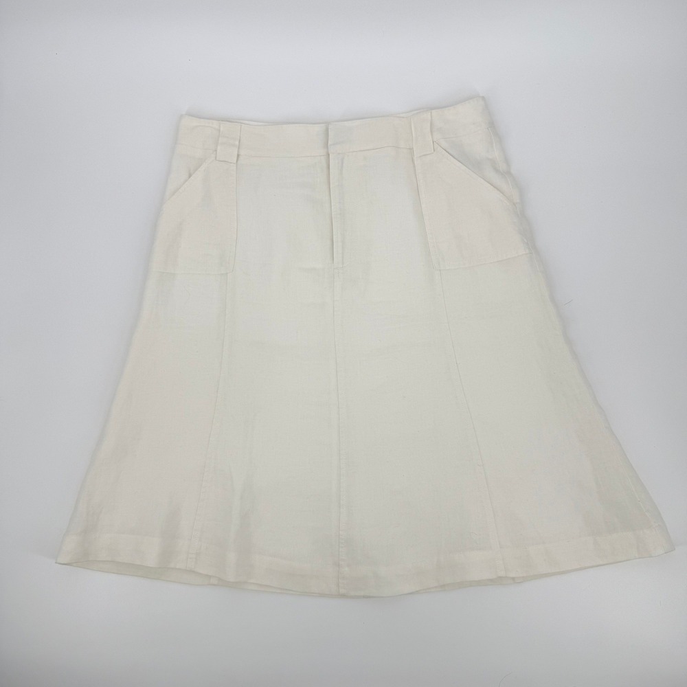 Eddie Bauer Linen A-Line Skirt Women 16 Tall Cream Good Midi Lined Pockets‎